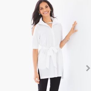 Chico’s White Poplin Cold Shoulder Belted Tunic Shirt Size 3, XL NWT!